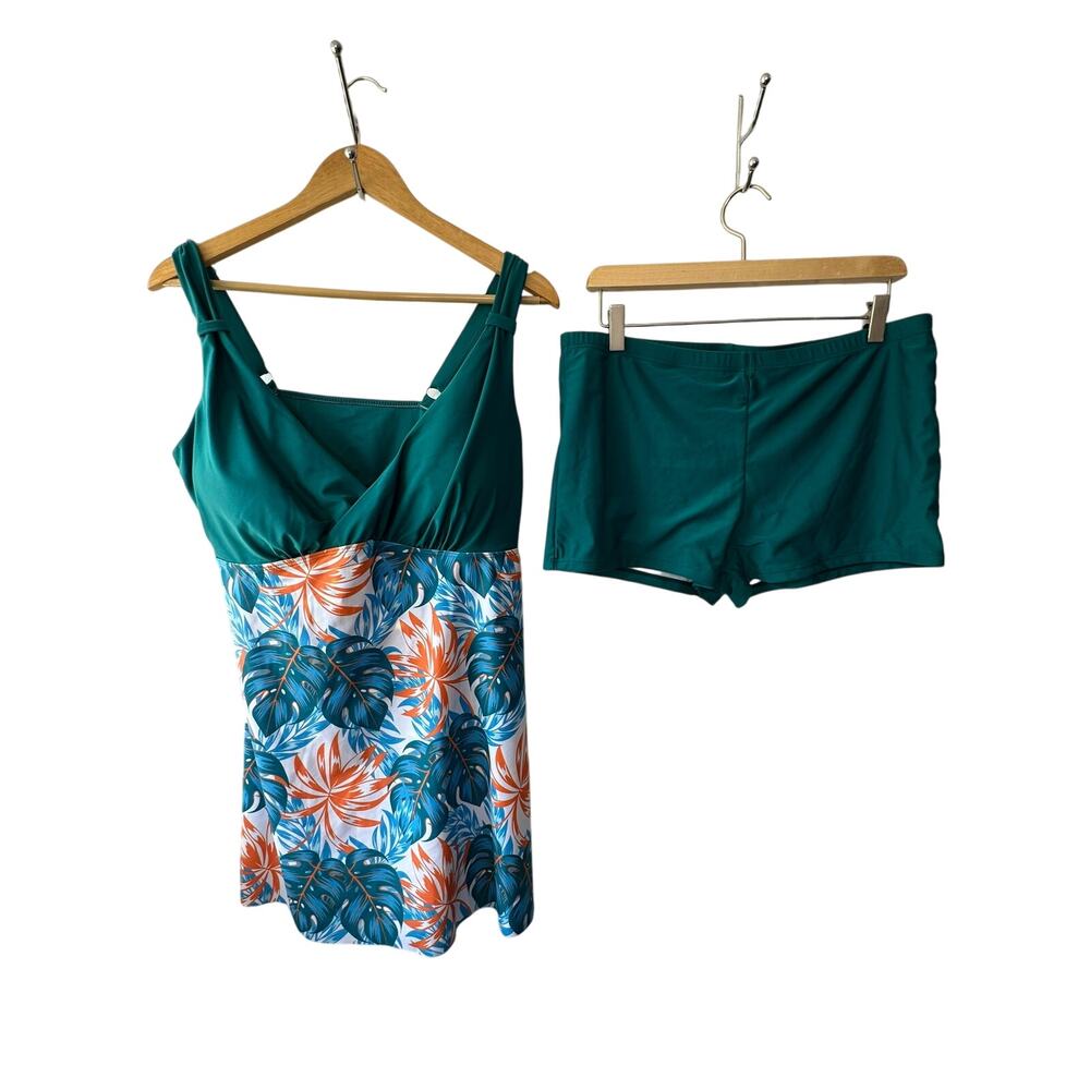 ESPRLIA Teal Tropical Patterned Tankini Top & Swim Shorts Women's XXL New